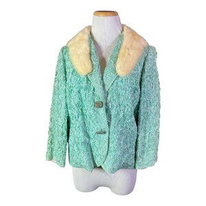 Vintage 1950s Helen of Memphis Costume Room Size 12 Green Jacket Fur Collar